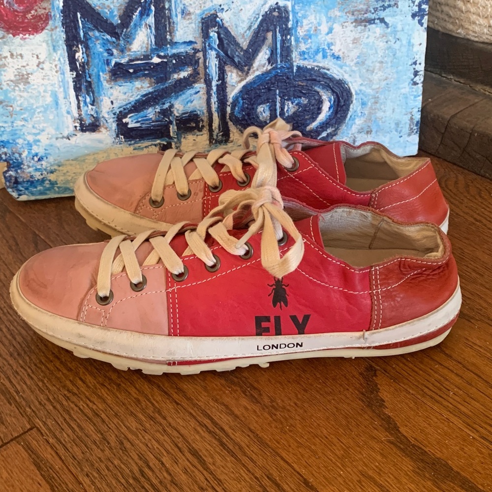 Fly London Red Leather Sneakers Sz 39 (8-8.5) Contrast-Stitch Colour-Block Laces